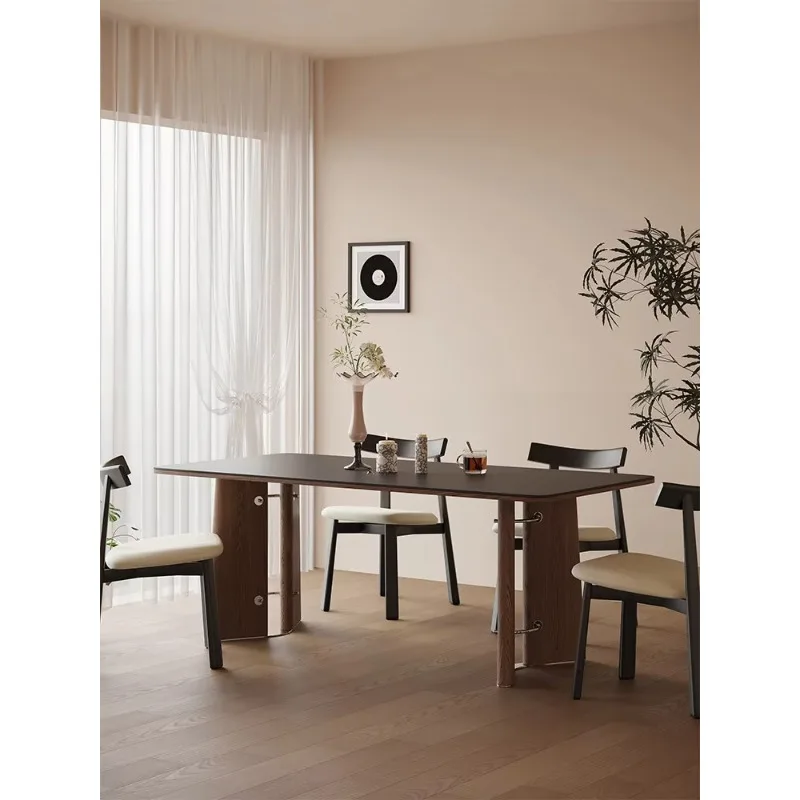 

Minimalist Industrial Rectangular Dining Table, Black Sintered Stone Top With Solid Wood Pedestal Base, 6-Seater Kitchen Table