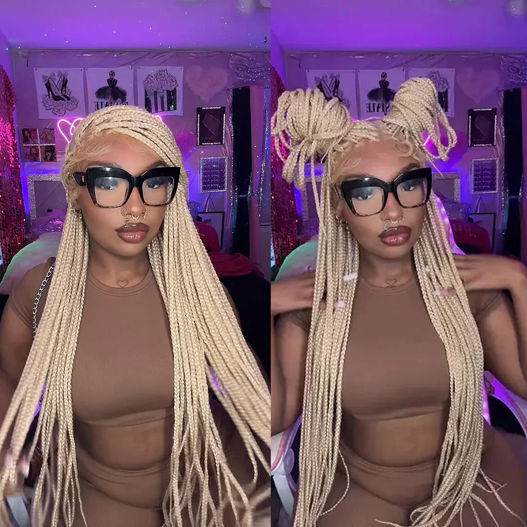 

# Парик из квадратных плетеных косичек 613 Blonde Full Lace Knotless Square Box Braided, 26 дюймов, полностью ручной работы, для чернокожих женщин.