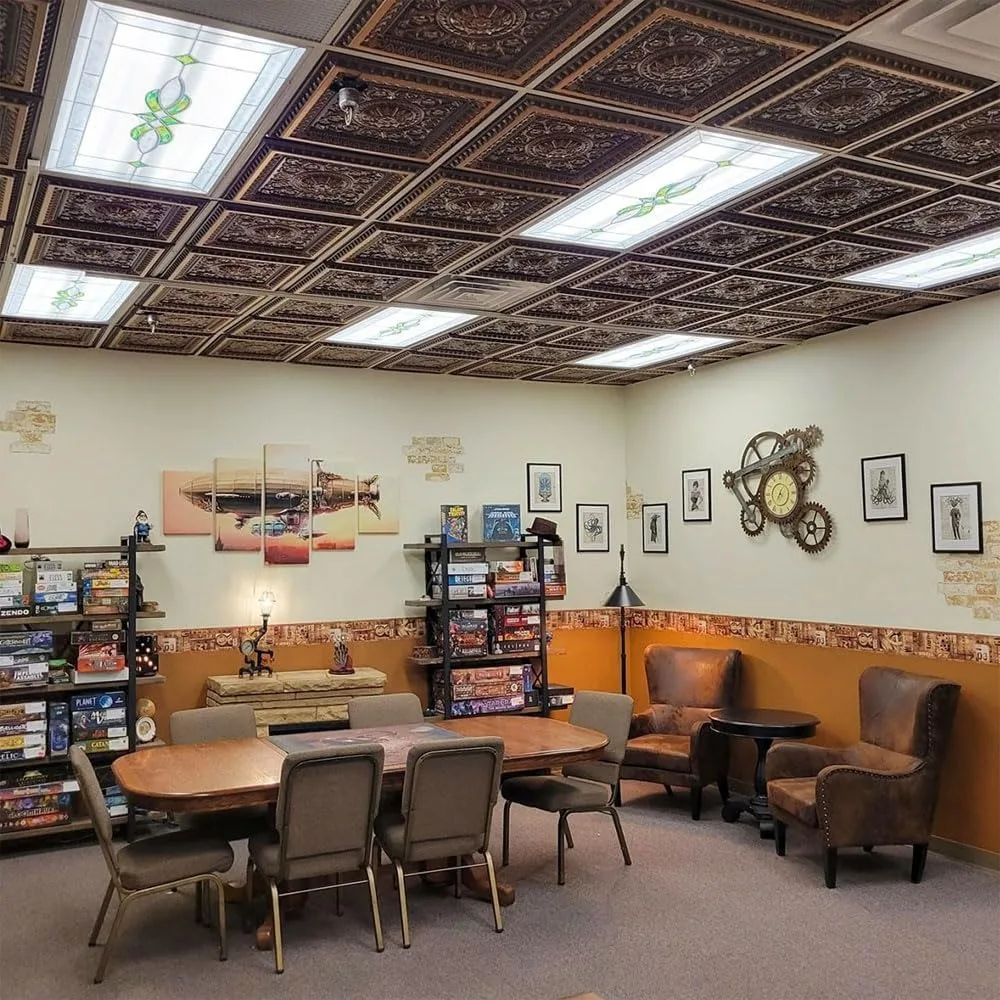 إلى جميل في ساعات 223 La Scala PVC 2 × 2 بوصة بلاط سقف قابل للغراء أو وضعها، عبوة من 10 قطع، نحاس عتيق، 10 قطع