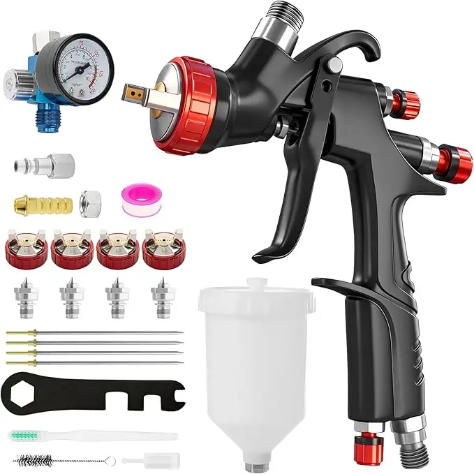 A610 LVLP Air Spray Gun 1.3/1.5/1.7/2.0mm with Air Regulator Gauge & 600ml Cup, Paint Sprayer for Car, House, Furniture