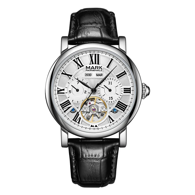 Men's New Luminous Business Multifunction Mechanical Watch with Round Leather Strap Pin Buckle Waterproof