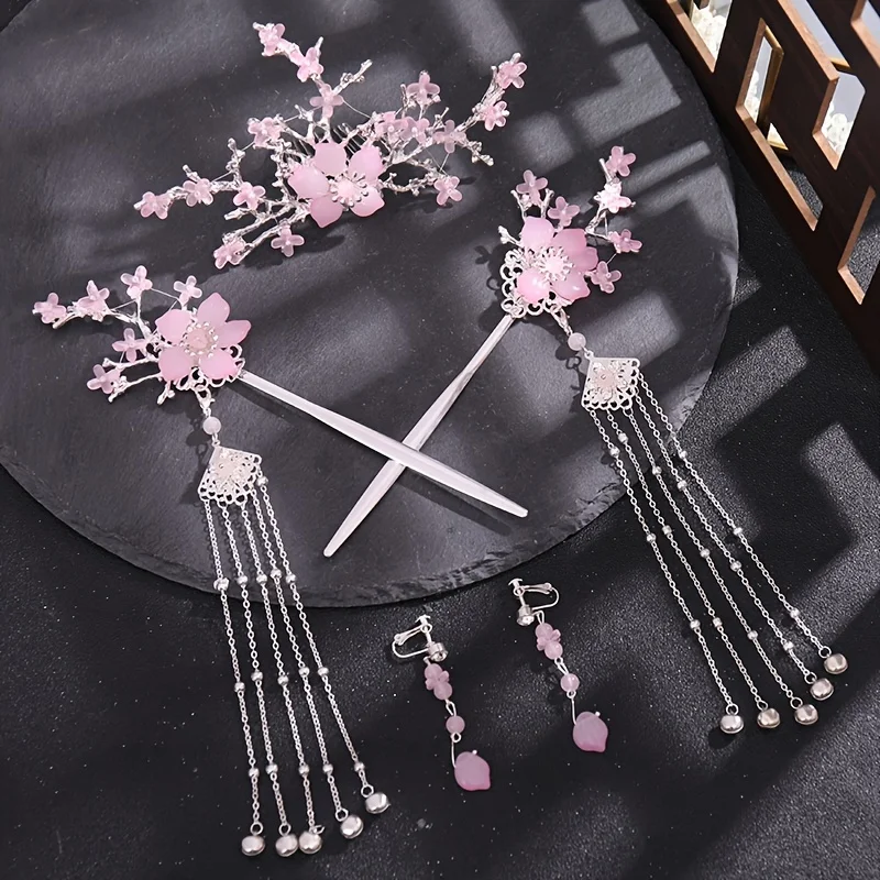 Crystal Flower Hairpin Headband Earring Set For Women Bride Hanfu Chinese Style Wedding Hair Accessories Jewelry Pin Band