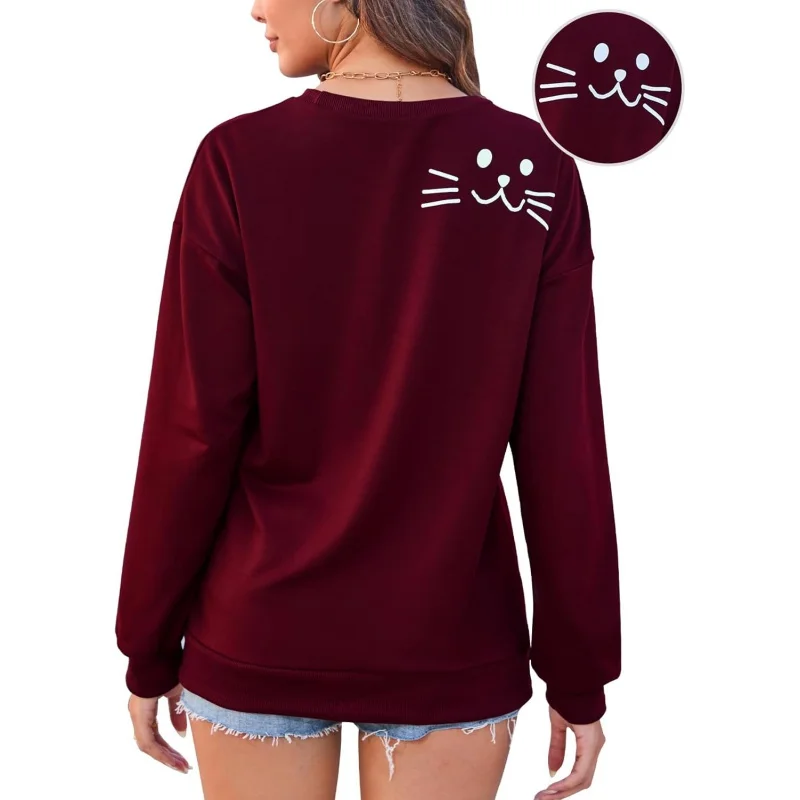 Women's round neck sportswear loose fit cat mom long sleeved shirt fun autumn back pattern design pullover