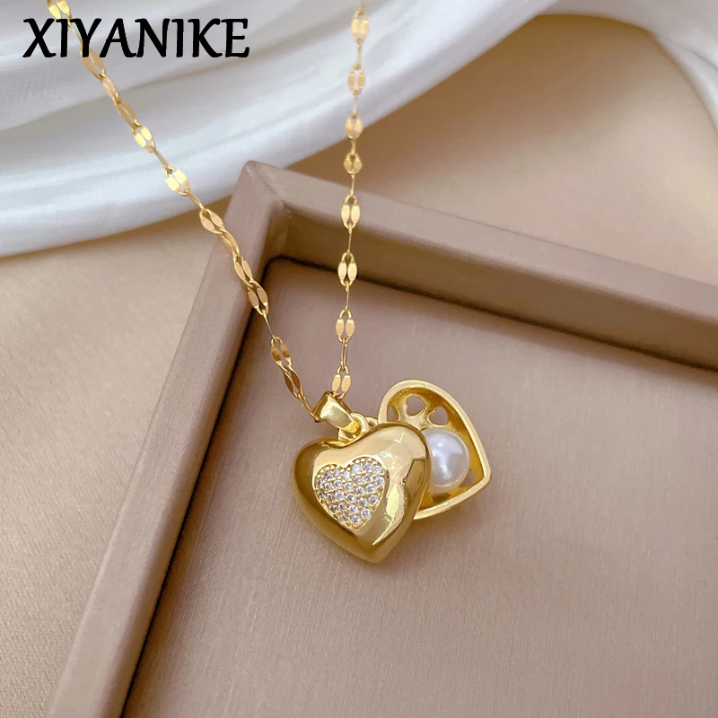 

XIYANIKE Sweet Heart Pearl Shiny Zircon Pendant Necklaces For Women Stainless Steel Chain Fashion Jewelry Accessories Gift