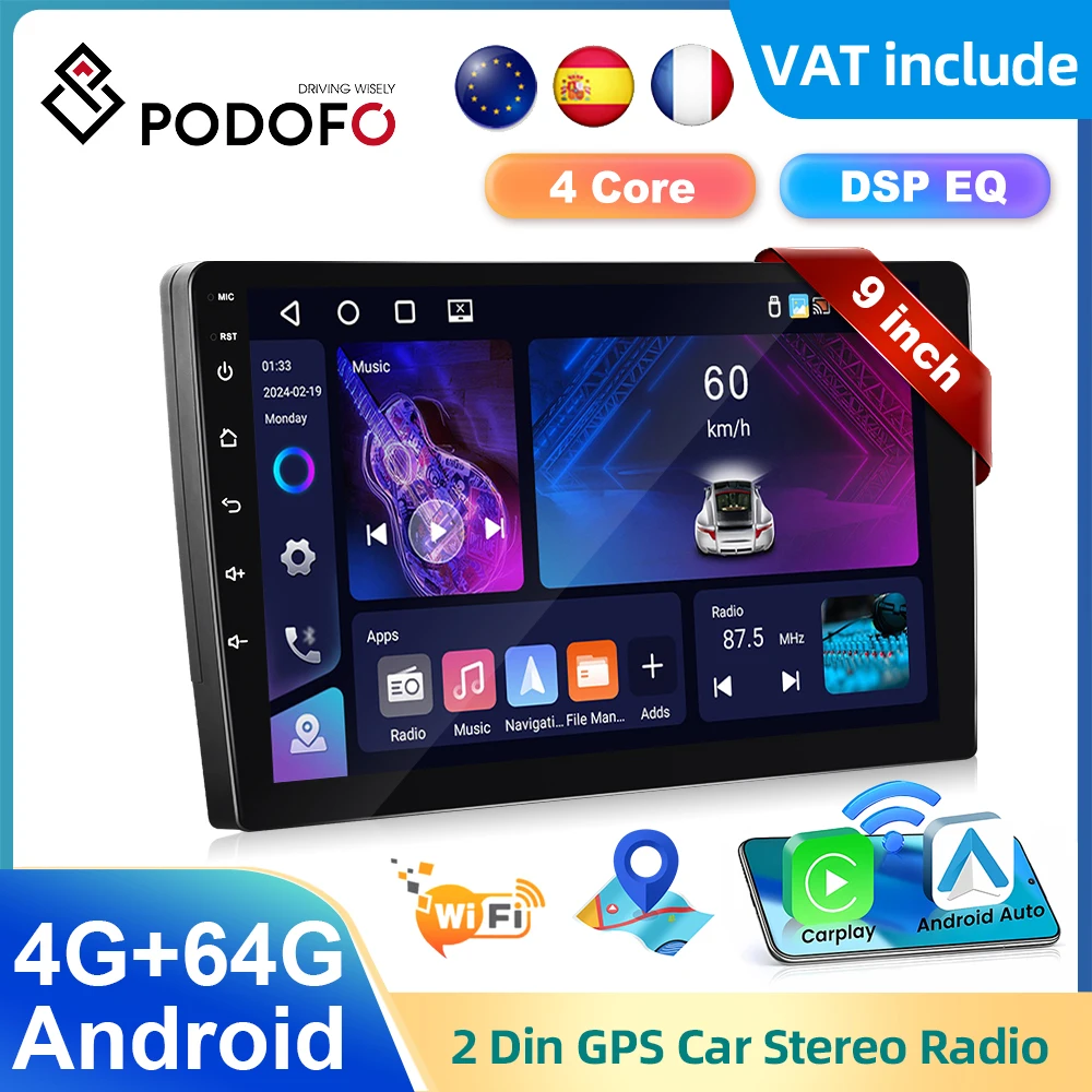 Podofo Car Android Radio 9” 4Core 4+64G Car Stereo Radio Wireless Carplay autoradio Bluetooth WIFI GPS FM Radio For Universal