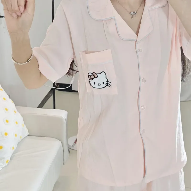 Olá kitty pijamas verão novo terno de manga curta rosa olá kitty dos desenhos animados pijamas bonito sanrio doce loungewear