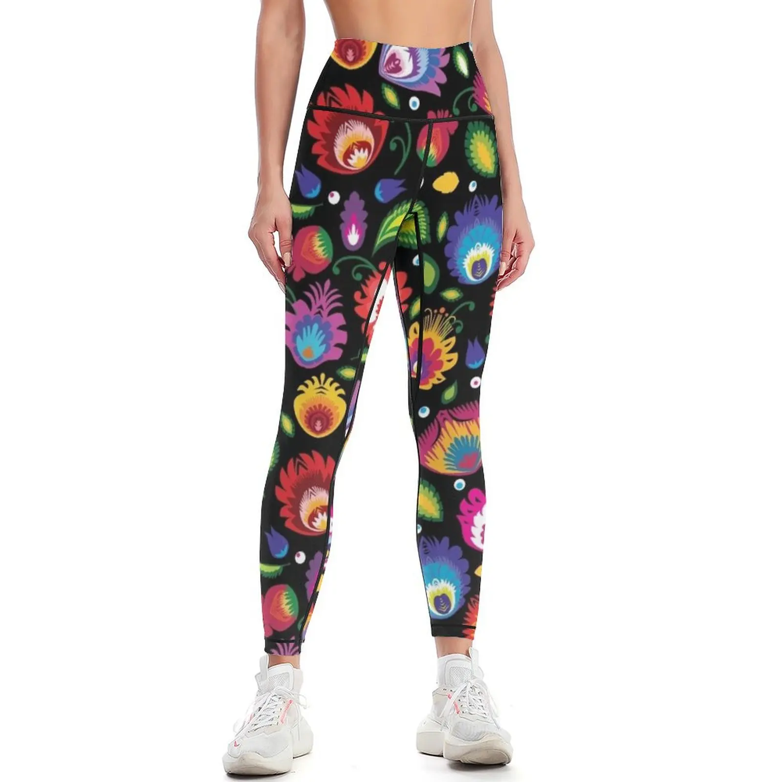 

Folklore flowers on black Leggings Female legging pants for physical Fitness woman legging pants raises butt Womens Leggings