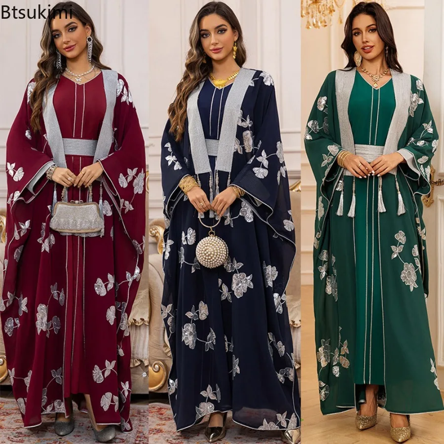

Новинка Весна: Женский комплект из двух предметов с вышивкой, мусульманские абайи, элегантные платья из Дубая, марокканский кафтан, женская роба для Рамадана