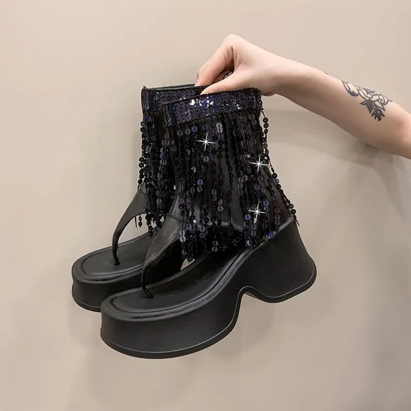 Summer Women Thick Soled Shoes Trend Roman Wedge Lady Cool Boots Sequin Tassel Flip Flops High Heels Slides Women Ankle Boots