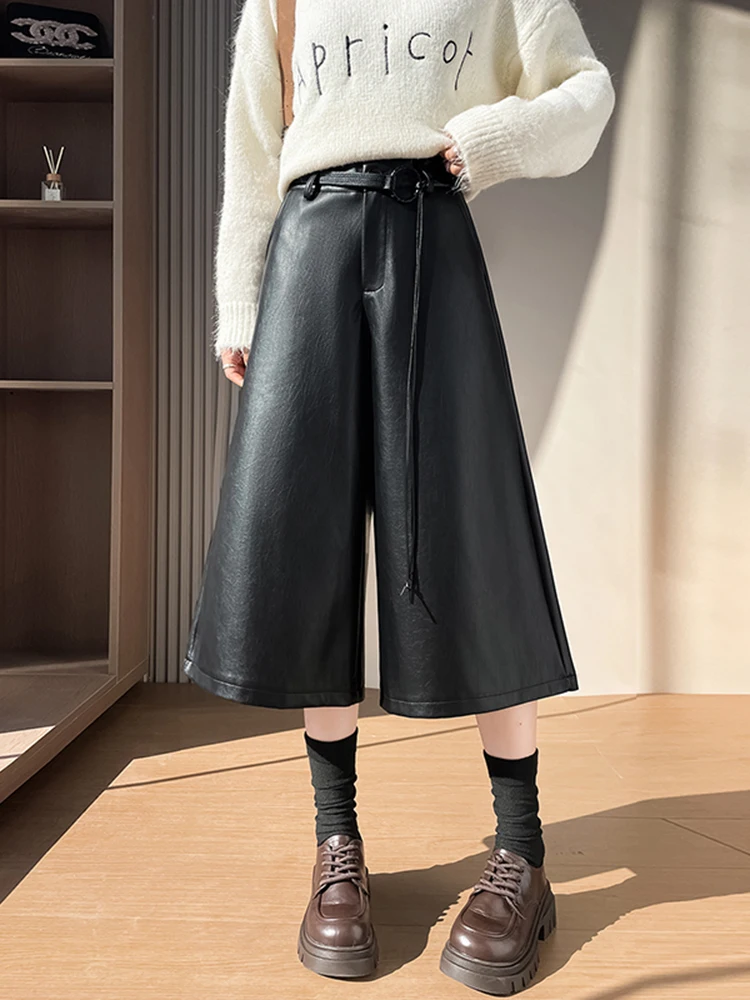 Hoge taille PU lederen wijde pijpen broek dames losse casual broek met zeven voet lengte herfst winter nieuw asymmetrisch reflecterend...