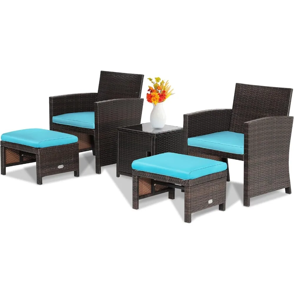 

5 Pieces Patio Furniture Set, PE Rattan Chairs and Ottoman Set with Storage Coffee Table and Cushions, Outdoor Wicker Furn