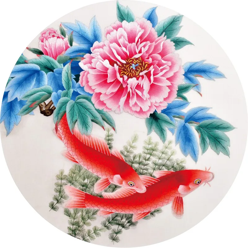 Suzhou Silk Embroidery Kit for Beginners, Peony and Koi Pattern Pre-Printed Fabric DIY Craft Set with Silk Threads and Needles