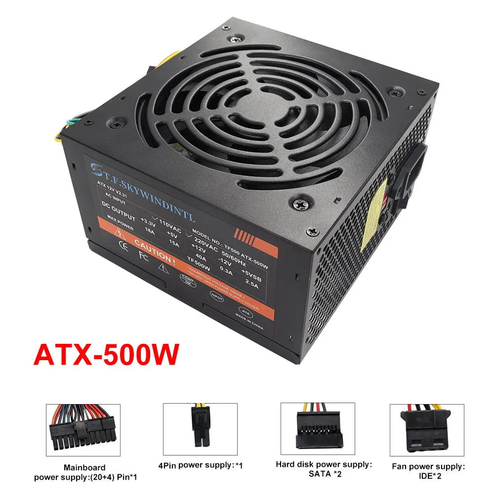 Goedkope 500W Zwart ATX Desktop Gaming PC PSU Voeding 120mm zwarte Koelventilator Voor Desktop Gaming PC Server