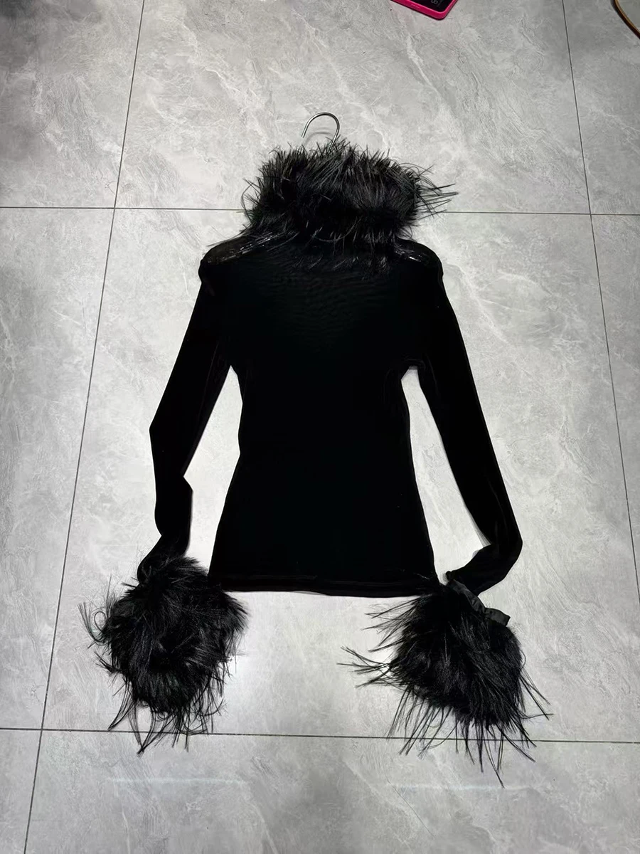 TWOTWINSTYLE Solid Slimming Spliced Feather Fashion T Shirts for Women High Neck Long Sleeves Elegant T Shirt Female Autumn New