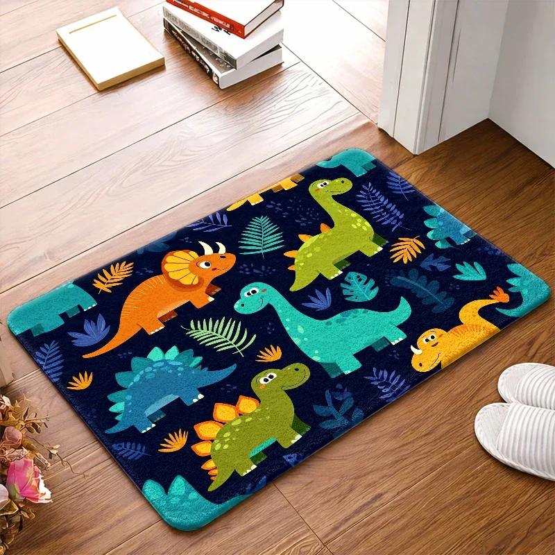 [2D Flat] Cute Dinosaur Flannel Floor Mat, Rubber Bottom,, Suitable for Doorways, Kitchens, Bedrooms, Living Rooms, Bathrooms, Balconies, Corridors, Porches