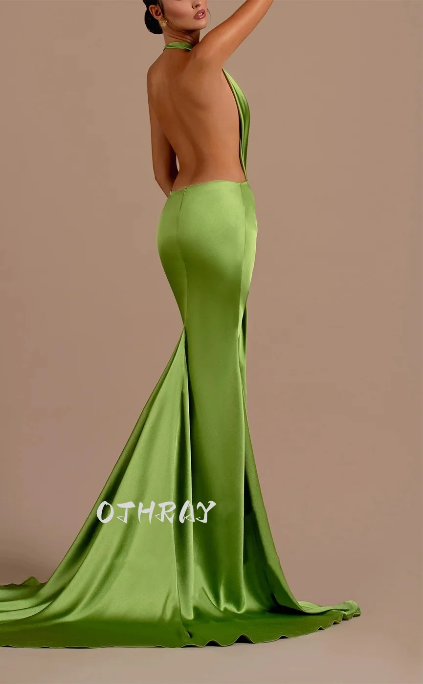 Vestidos De Noche Prom Dresses Sexy Backless Deep V-Neck Suspender Pleated Evening Dress Special Occasion Gown Green