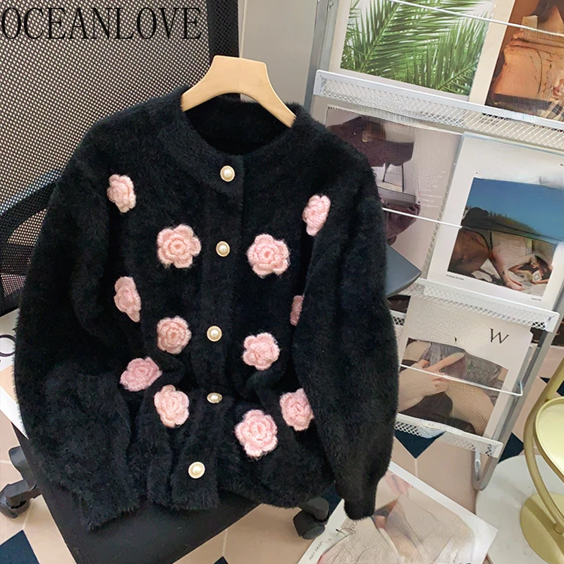 OCEANLOVE 3D Flowers maglioni da donna spessi e caldi visone Cashmere cardigan dolci moda coreana Vintage autunno inverno Sueteres