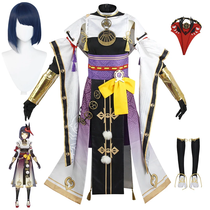 Disfraz de Cosplay de Kujou Sara con accesorios de máscara, peluca de Cosplay de Kujo Sara para mujer, trajes de juego de rol para fiesta de Carnaval y Halloween