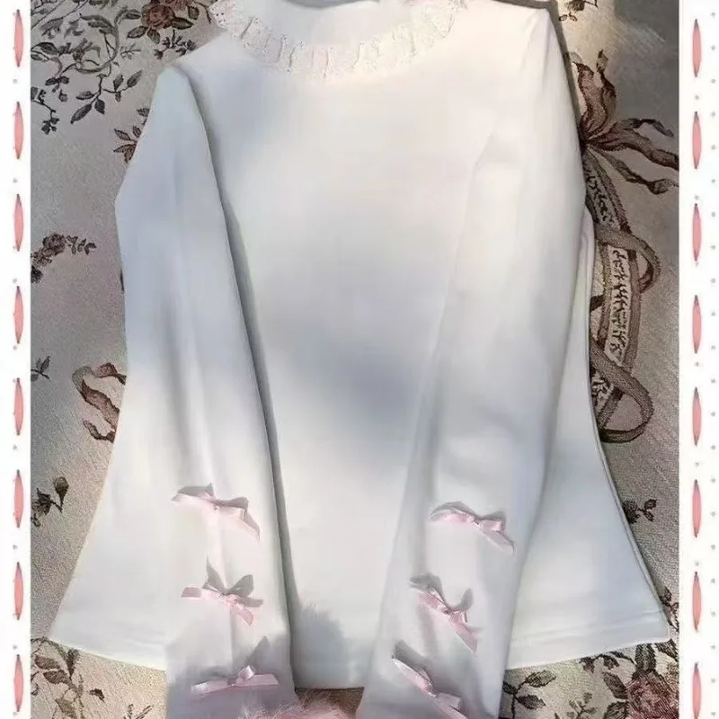 Camicetta giapponese rosa Lolita Kawaii donna O-collo bianco coreano dolce camicetta carina manica lunga principessa camicetta elegante inverno 2023