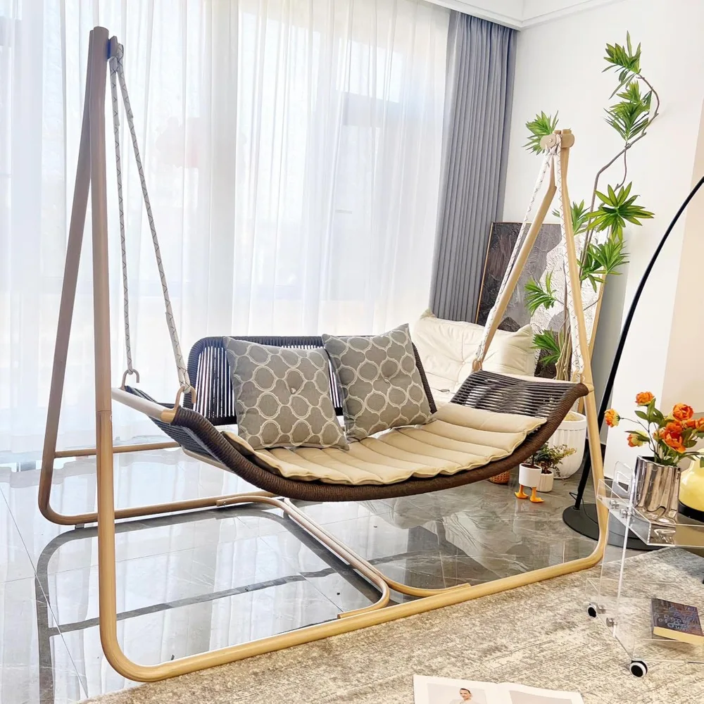 Swing Chair with Stand Hand-Woven Rattan Hanging Hammock Chair with Cushion and Pillows Indoor Swinging for Bedroom Balcony