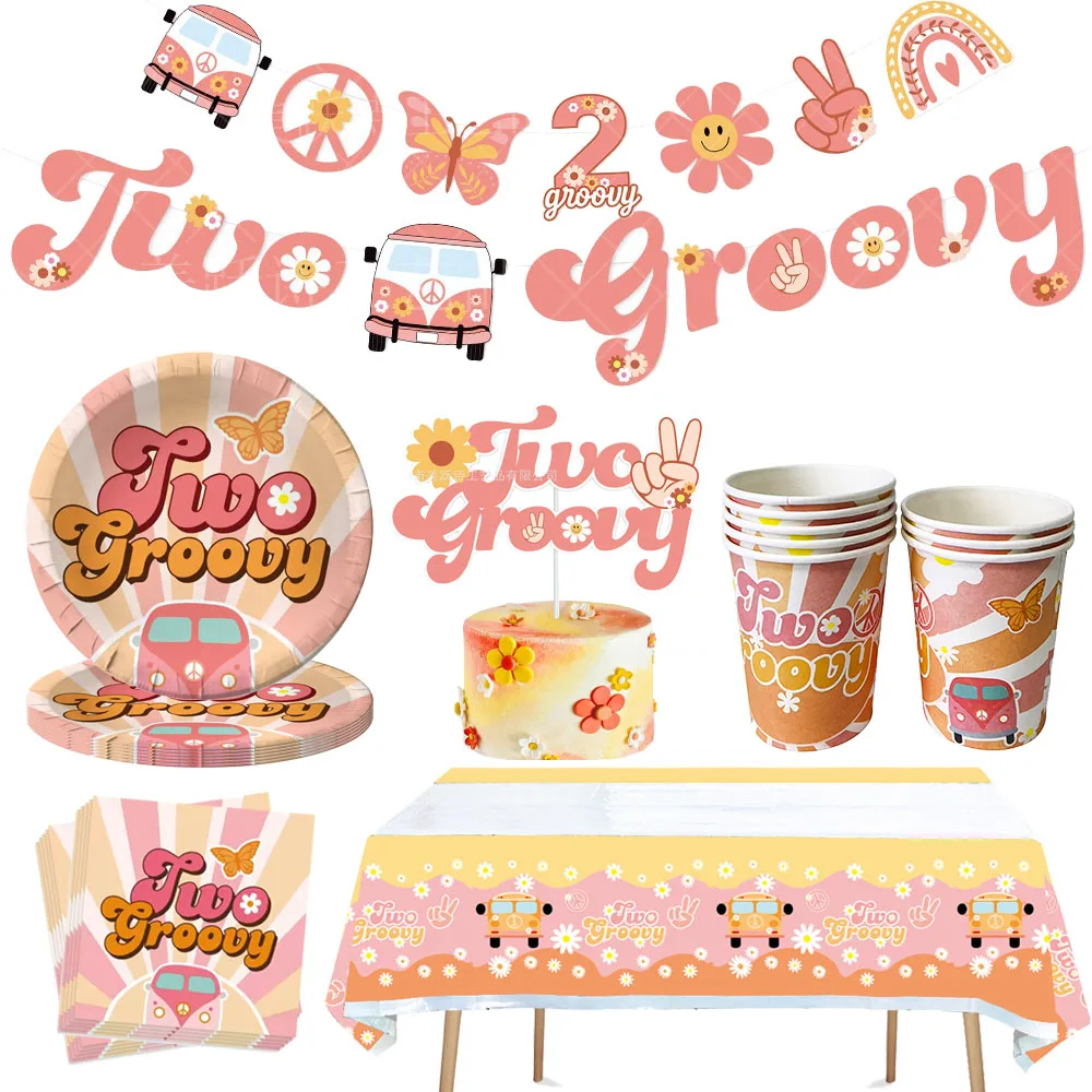 Two Groovy Party Tableware Plates Napkins Cups Cake Toppers Tablecloth Girls Hippie Daisy 2th Birthday Party Boho Table Decorati