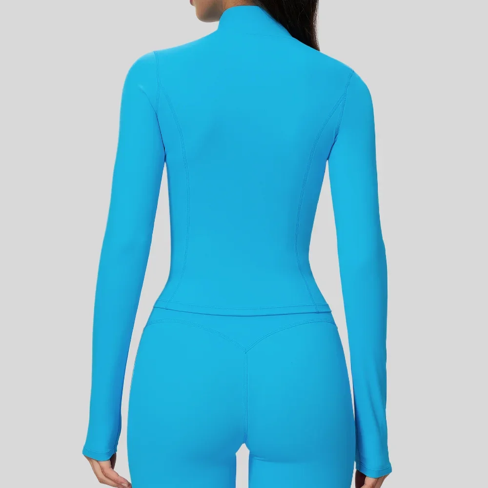 Ropa de yoga de manga larga para deportes al aire libre, para mujer, de corte ajustado, de secado rápido, con cremallera, chaqueta con cuello alto, ideal para correr y hacer ejercicio.