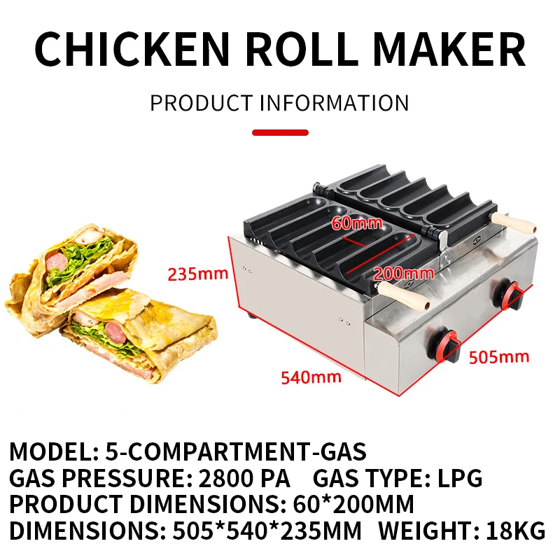 2/5-Slot French Chicken Wrap Maker, Waffle Maker, Non-Stick Aluminum Heating Plate, U-Shaped Heating Element LPG