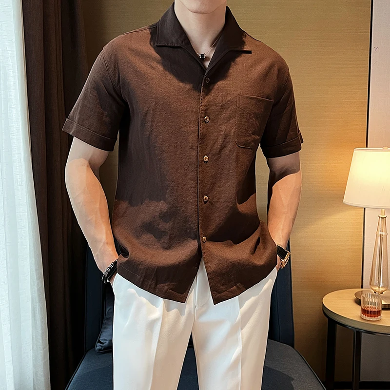 Coffee Cuban Collar Linen Shirt  Arc Collar Design Linen Breathable Short Sleeve Shirt ，Elegant High-End Business Clothes