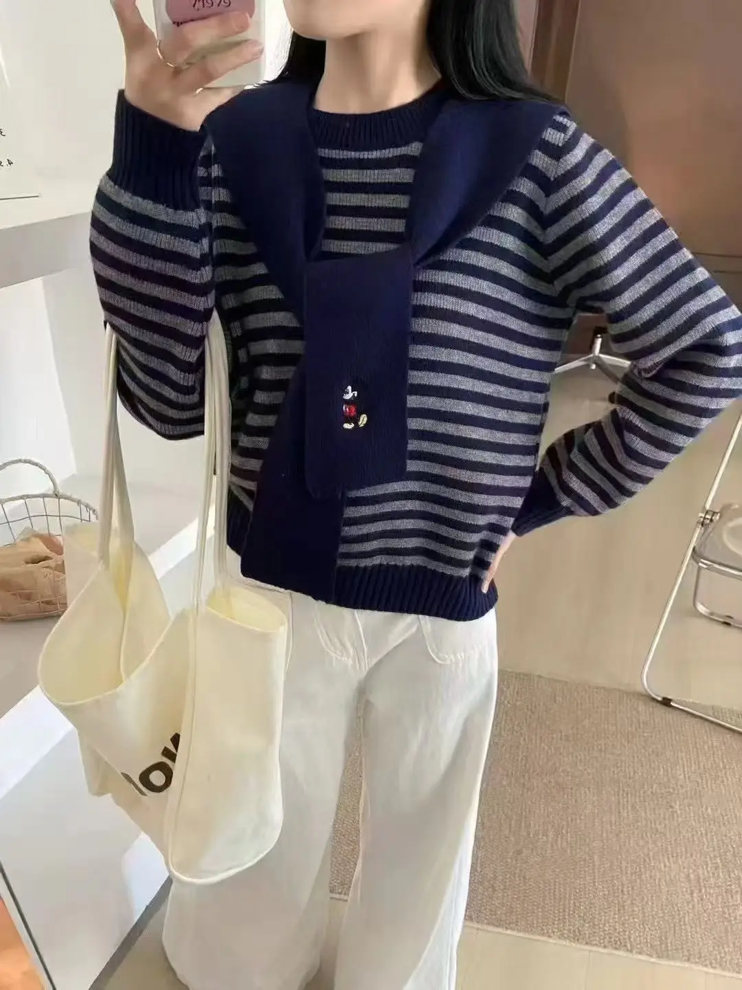 Весна 202, свободный женский полосатый трикотаж, дизайн Sensation для похудения, универсальный корейский зимний теплый длинный све, круглый Ne