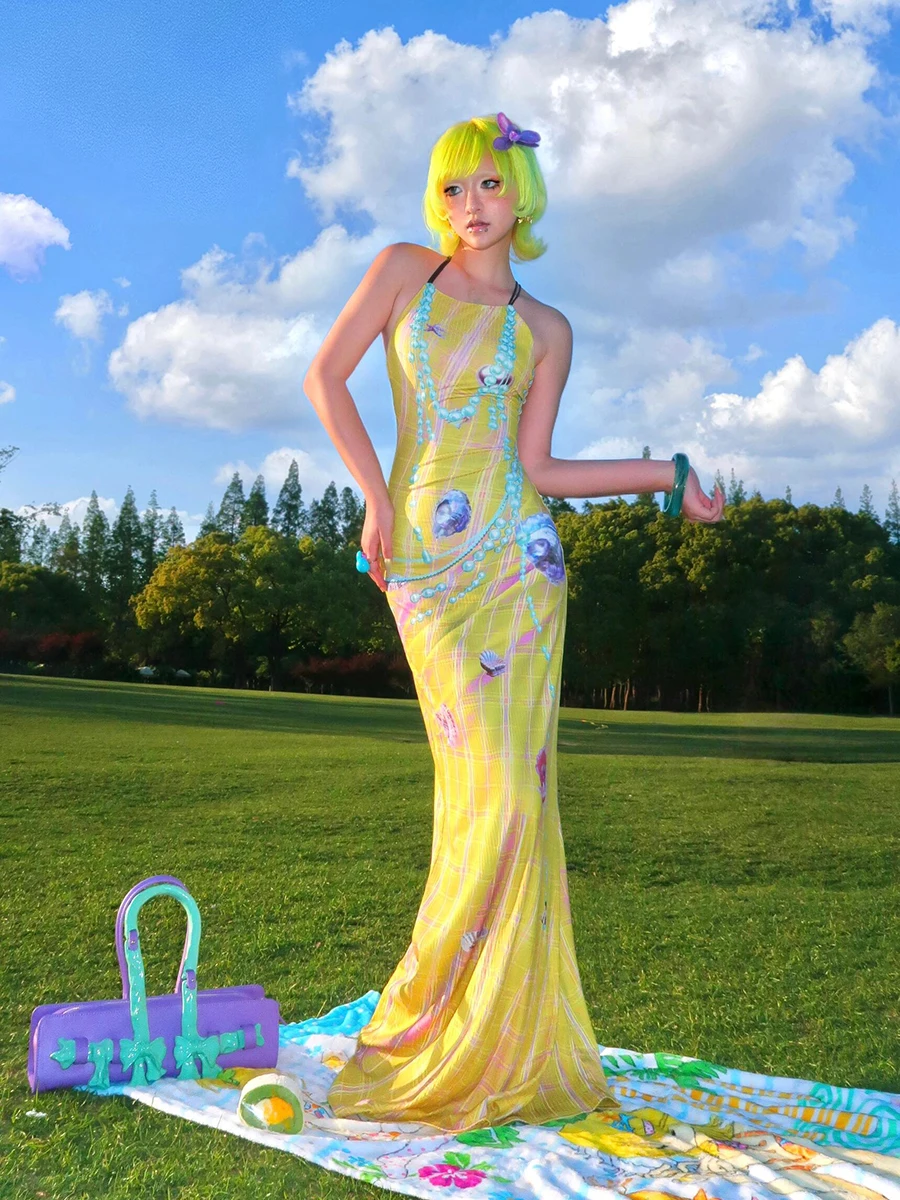 ReddaChic-vestido largo con estampado geométrico de craquel de perlas en 3D para mujer, vestido Retro de tartán Y2k con espalda abierta, trajes de Festival de concierto de verano