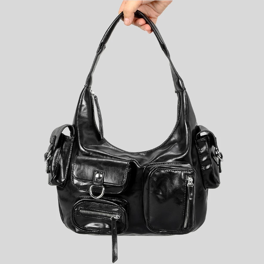 

Fashion Multiple Pockets Halfmoon Underarm Bag Y2K Women Shoulder Bags Luxury Pu Leather Lady Handbags Hobos Small Tote Bag 2024