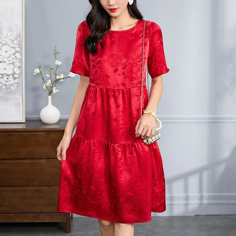 

2024 Women's Summer Dresses Elegant Fashion O-neck Short Sleeve Woman Floral Print Red Dress A-line Real Silk Female Midi Dress