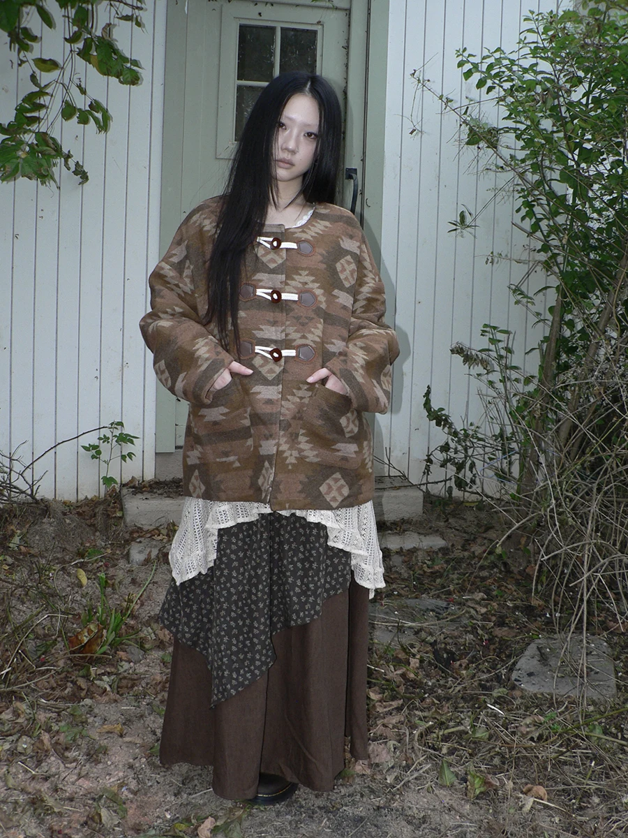 

Angproject Retro Ethnic Print Oversized Warm Cotton Jaet New Arrival Color Blo Design Long Sve round Ne Coat for Women