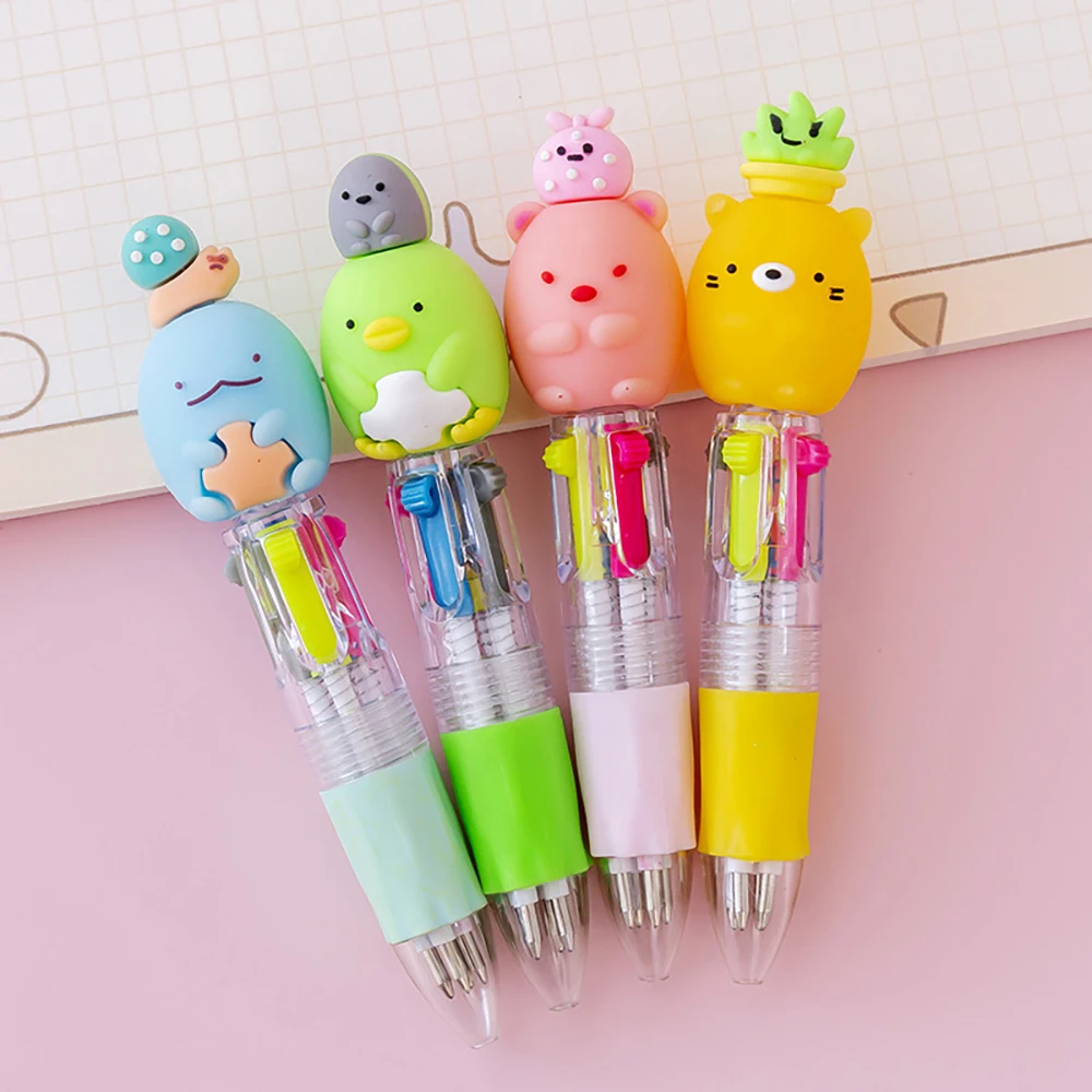 2Pcs Cute Cartoon Animal 4 Colors Mini Multicolor Ballpoint Pen Stationery Student Gifts Office School Writing Kawaii Supplies