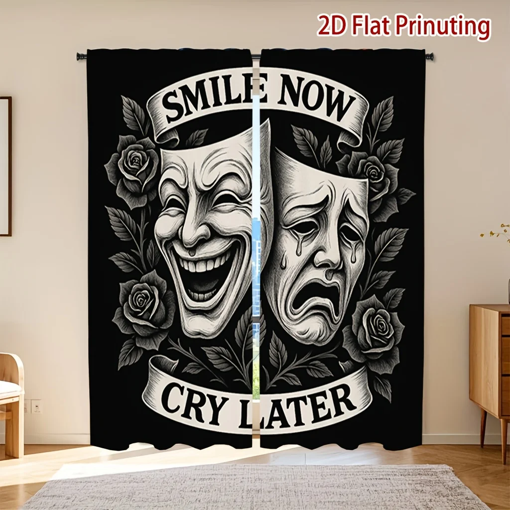 Smile Now Cry Later Tapestry - Black and White Drama Masks Wall Hanging with Rose Floral Design for Bedroom Living Room Decor