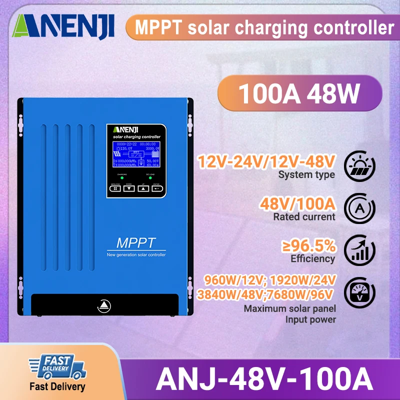 ANENJI 100A MPPT Solar Charging Controlller Solar Panel Regulator 12V/24V/48V Auto Battery For Electrical Appliances Battery