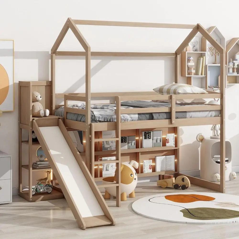 

Twin Size Wooden Bed with Slide, LED Light, Storage Shelves & Play Area for Kids