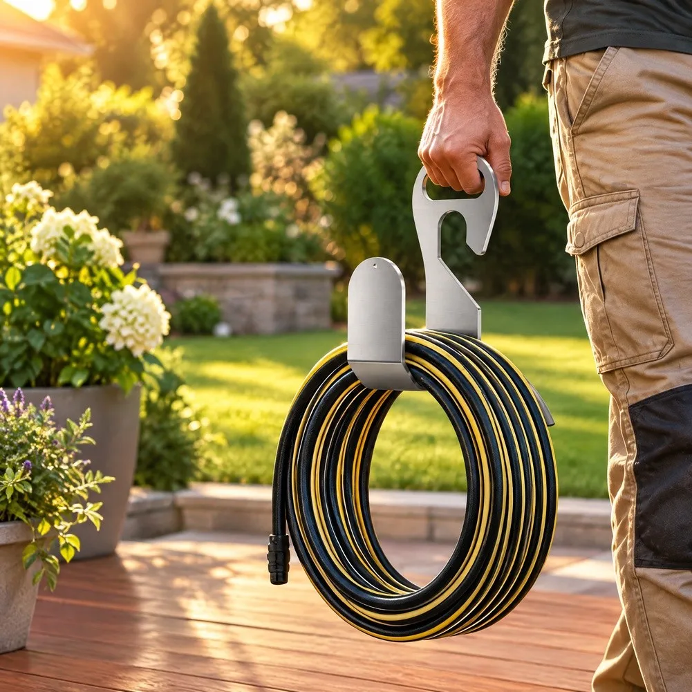 Stainless Steel Wall Mounted Hose Holder for Garden Space Saving Solution Prevents Tangling Supports Multiple Hose Types