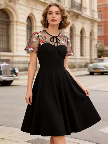 Tonval Knot Keyhole Front Contrast Floral Embroidered Mesh Black Dress Evening Elegant Party Summer Women Vintage Dresses