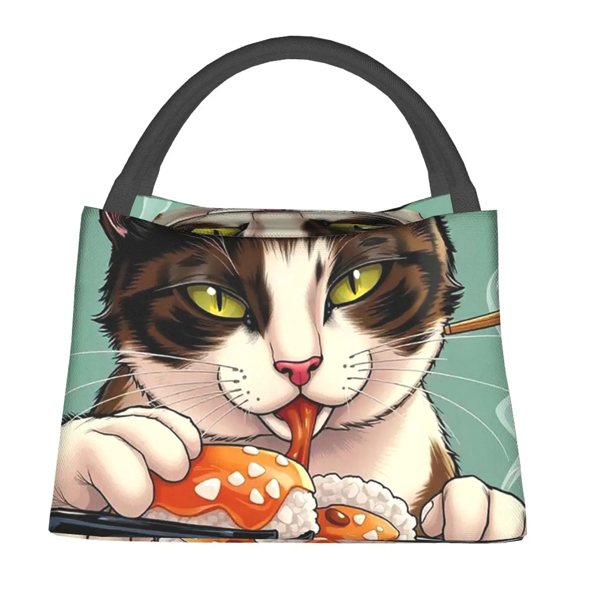 Neko Eating Sushi Cat Lunch Bags Insulated Bento Box Portable Lunch Tote Picnic Bags Cooler Thermal Bag for Woman Kids Work