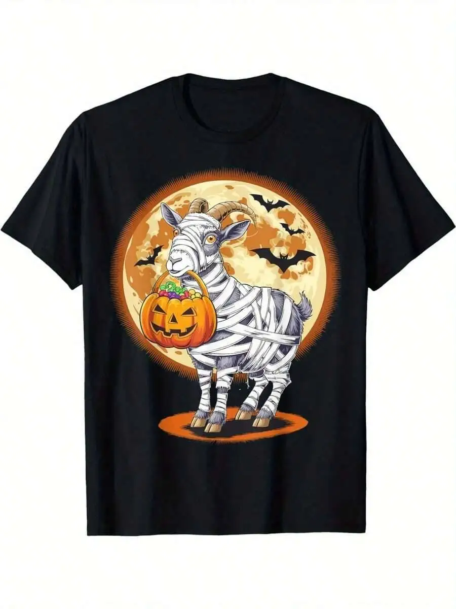 Mummy Goat T-Shirt Black Tee With Full Moon, Pumpkin Bucket Lightweight 180Gsm Party Shirt For Adults Funny Farm Animal Outfit -  100% Cotton Trendy Y2K Short-Sleeve Tee-Soft, Quick-Drying, Moisture-Wicking, Great Gift for Christmas or Halloween.