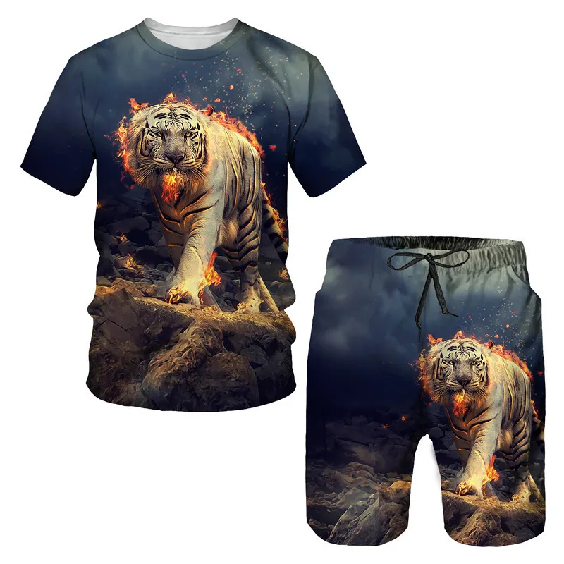 Sommer Tiger Kleidung passt 2-teilige lässige T-Shirts kurze Hosen Sets für männliche Jogging Sportswear 3D-Print Overs ize Gym Trainings anzug