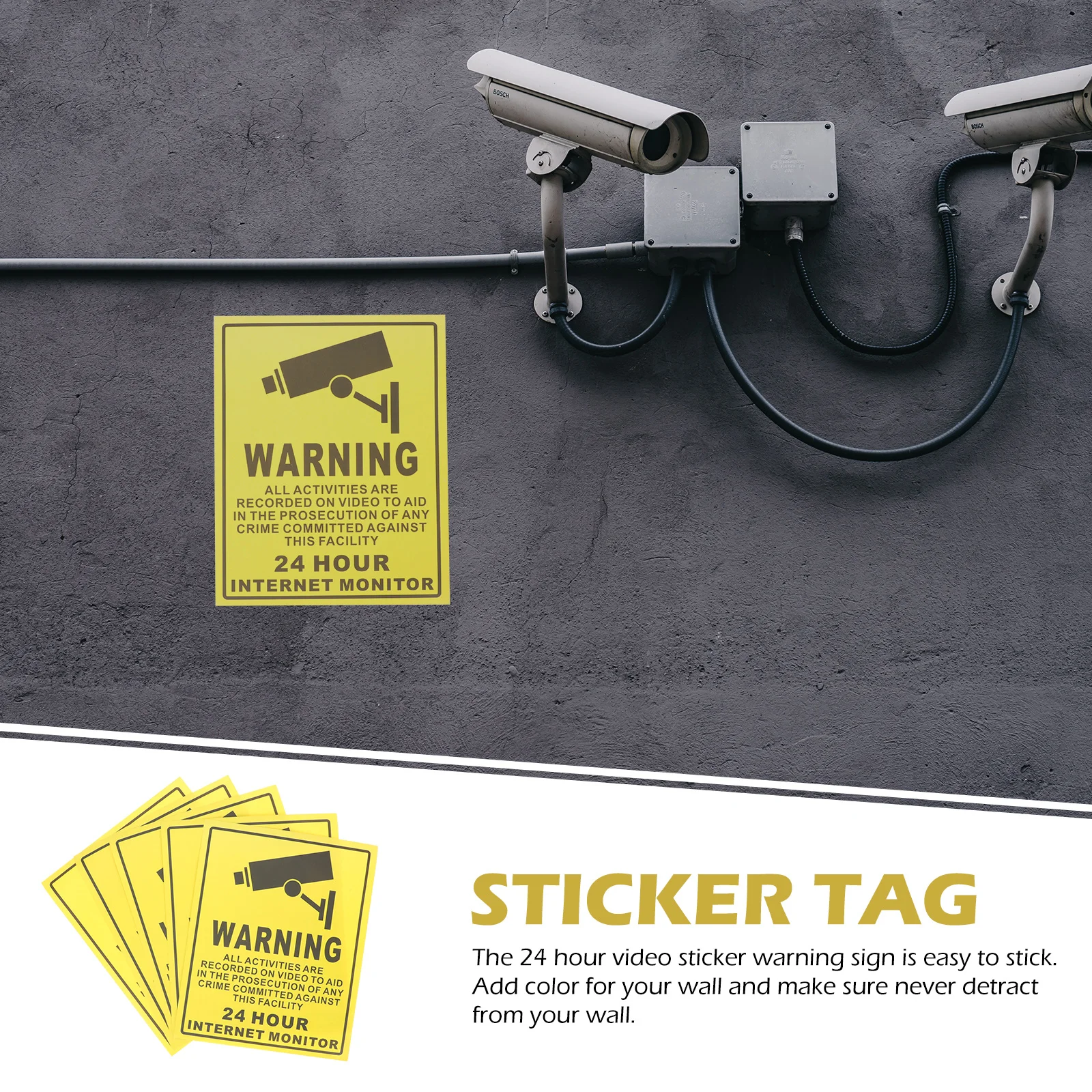 5Pcs Warning Stickers 24 Hour Monitored Decals Practical for Car Shop Work Smooth Surfaces No Residue