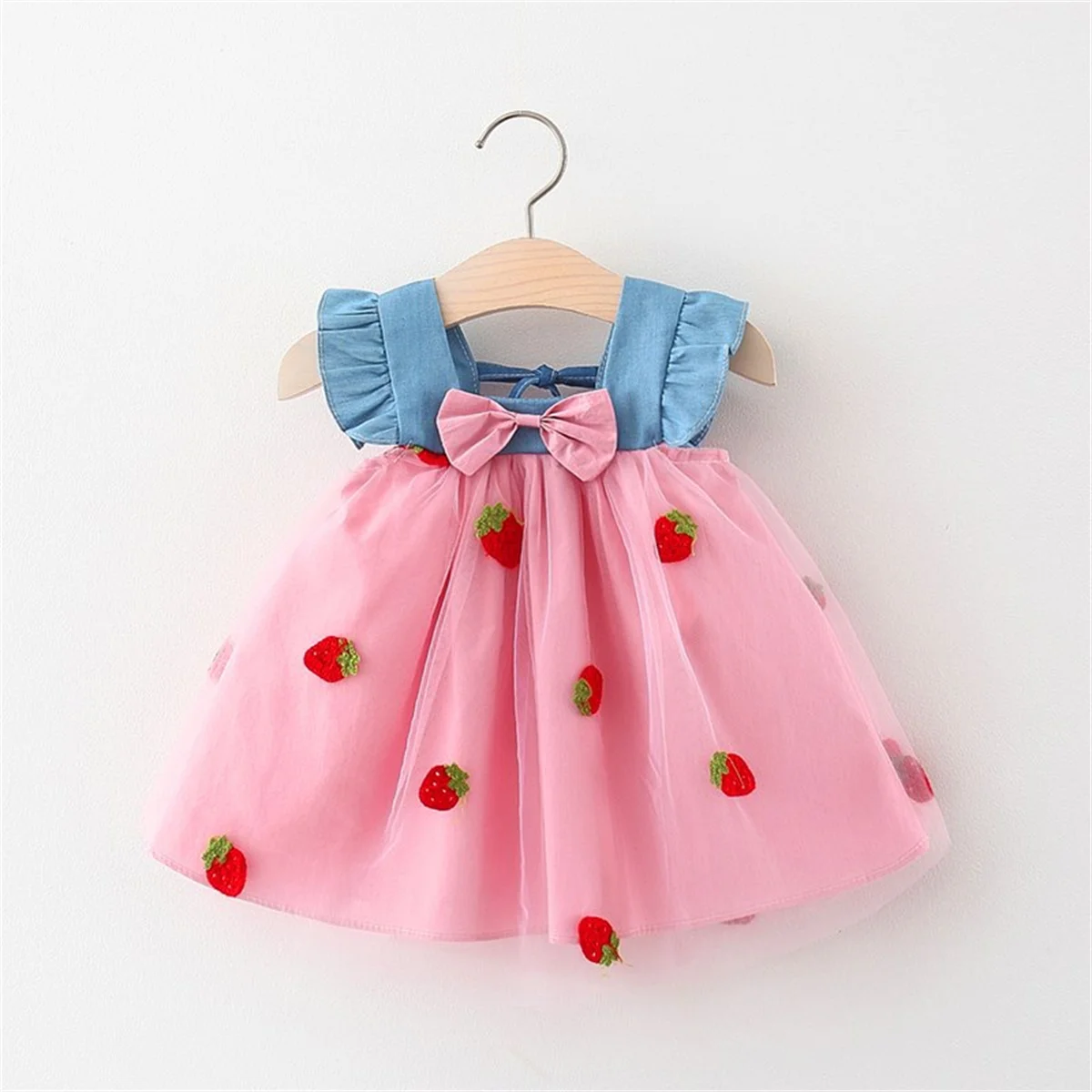 Summer New Baby Girls Dress Small Sleeve Chest Bow Ribbon Strawberry Backless Square Neck Sweet Princess Dress