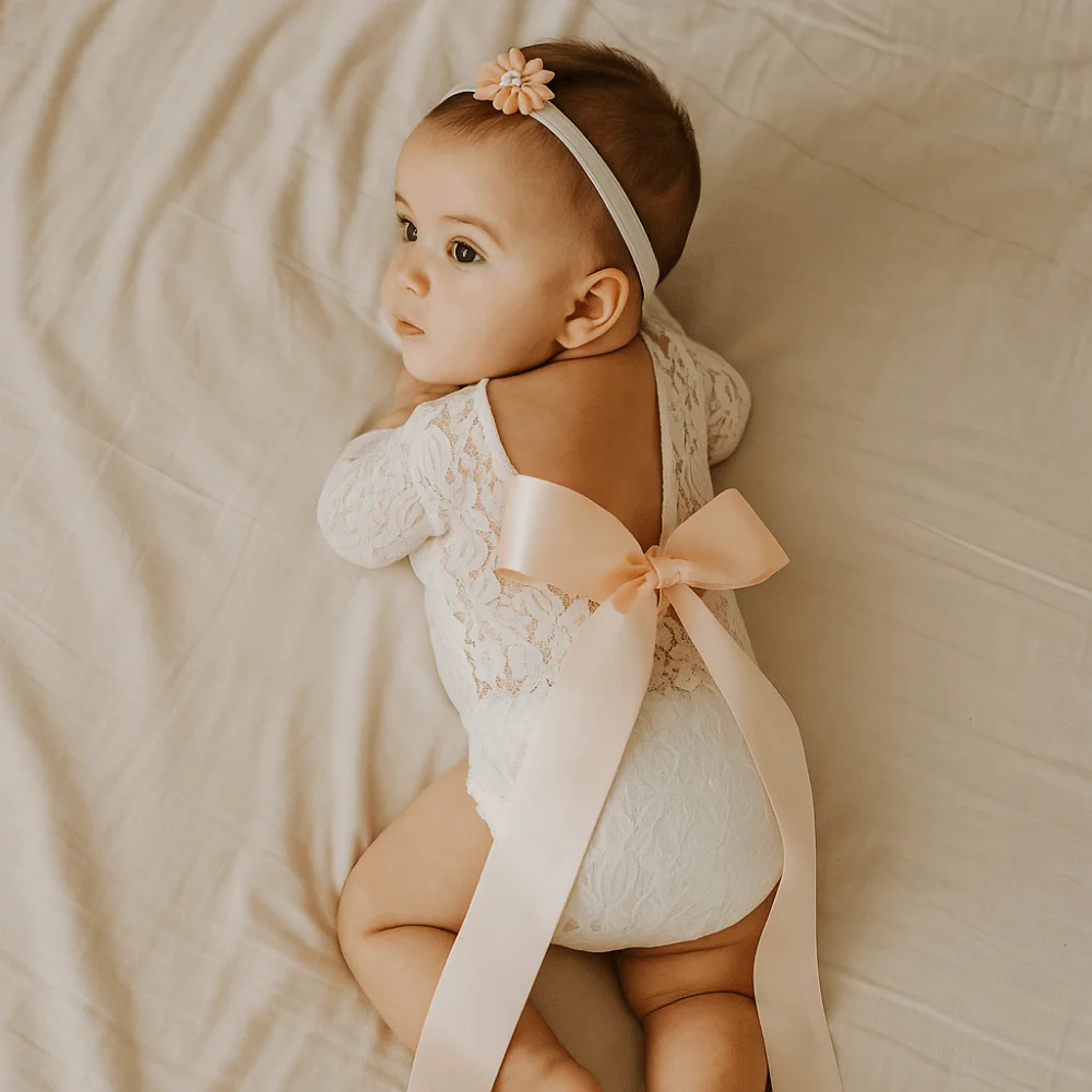 

2Pcs/Set Creative Infants Photo Clothing Hollow Back Bow Tie Design Newborn Lace Romper Solid Color Floral