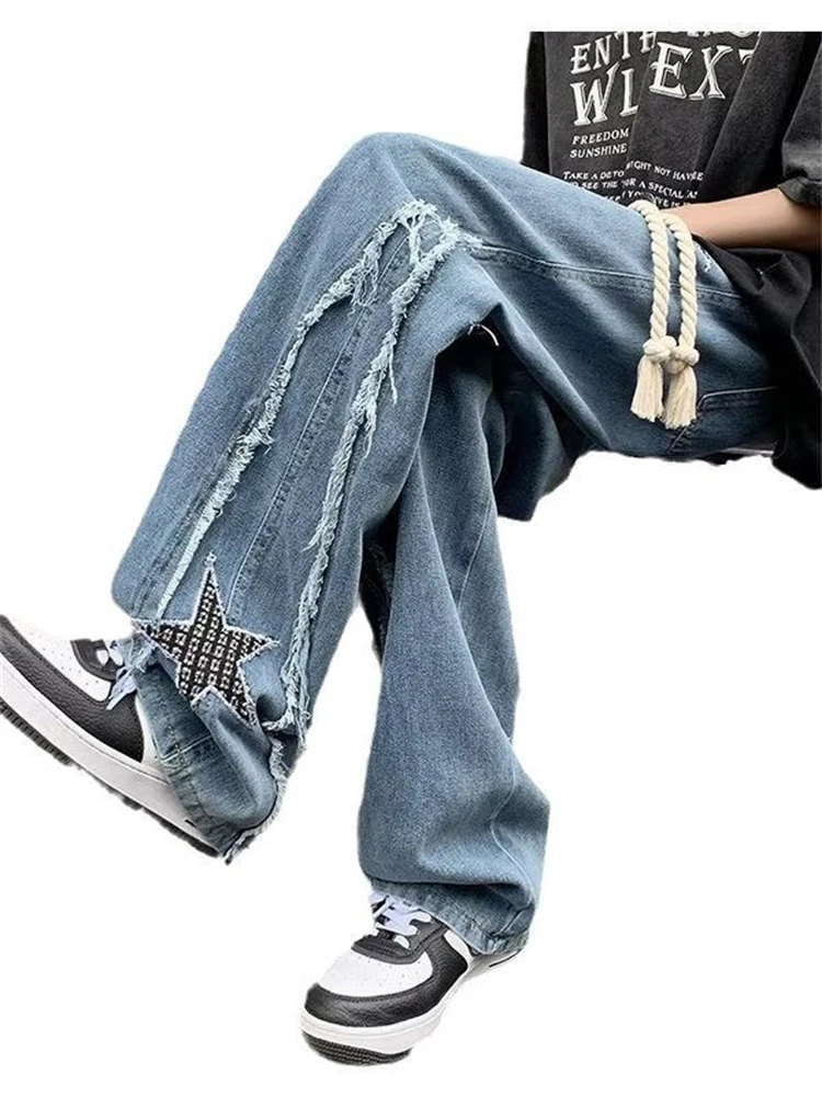 Star Patchwork Men Jeans Streetwear Retro Embroidered Tassel Straight Leg Loose Denim Trousers Male Drawstring Denim Baggy Pants