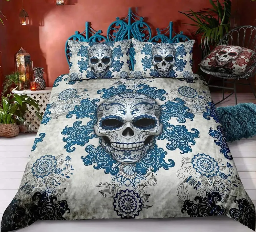 

3D Printed Floral Skull Duvet Cover Set Mandala and Sugar Skull Bedding Sets Skeleton Bones Roses Floral Quilt Cover King Size