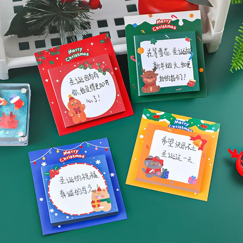 4pcs Festive Cartoon Self-Adhesive Memo Pads 30 Sheets Christmas Sticky Notes Stationery for Students Office Home Holiday Gifts