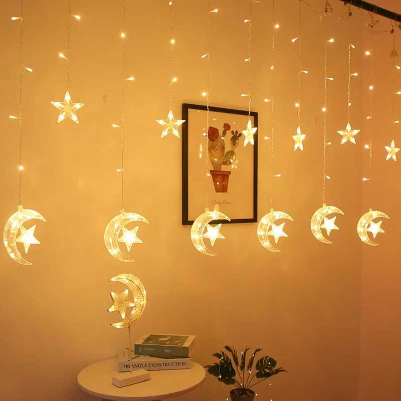 

Eid Mubarak Moon Star Curtain Lights Led Star and Moon Lights String Room Decoration 2025 Happy Ramadan Eid Party Supplies