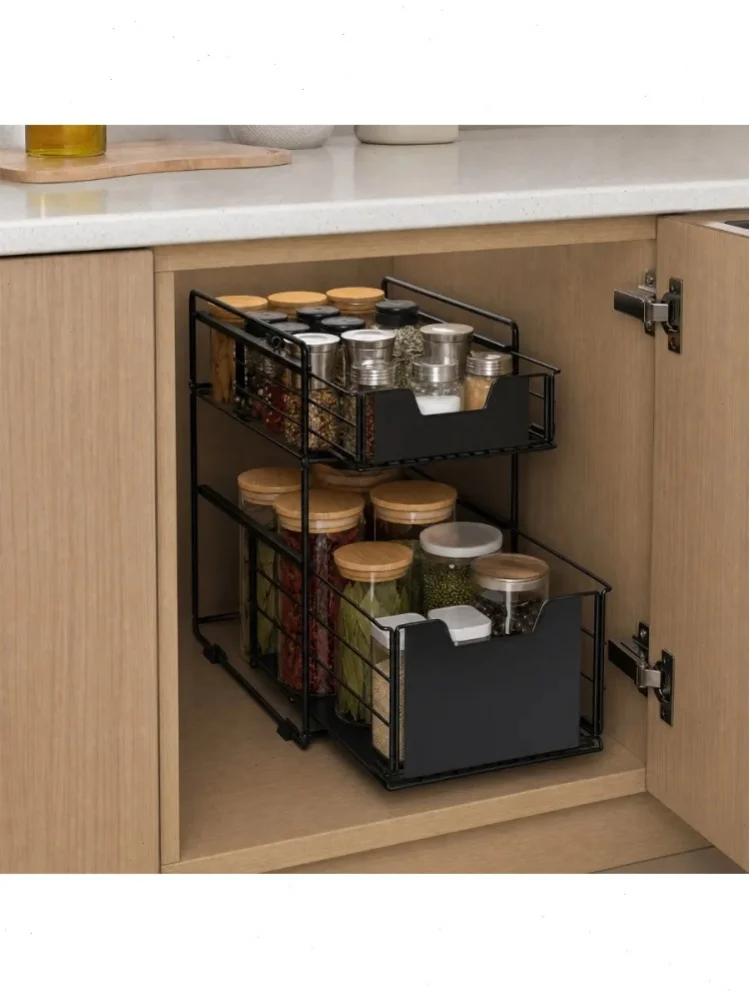 Regal, Unterschrank-Organizer, Küchen-Aufbewahrungsregal, Schwarz, Große Größe, Ausziehbar, Kohlenstoffstahl, Doppelschichtig, Wasserdicht, Rostfrei, Robust, Verstellbar, Vertikaler Platzsparer,